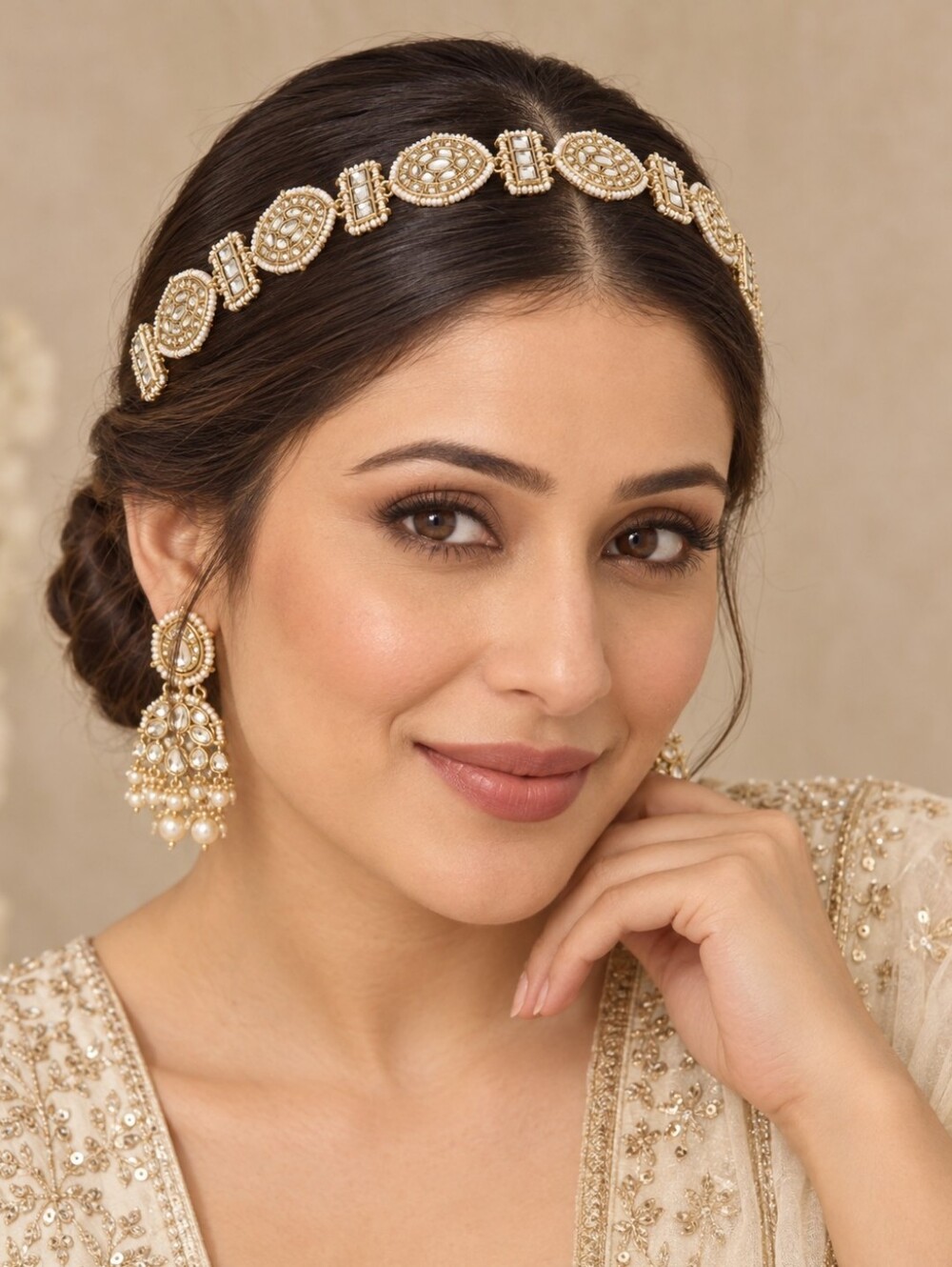 Kundan Maang Tikka Matha Patti | Pearl Head Jewelry